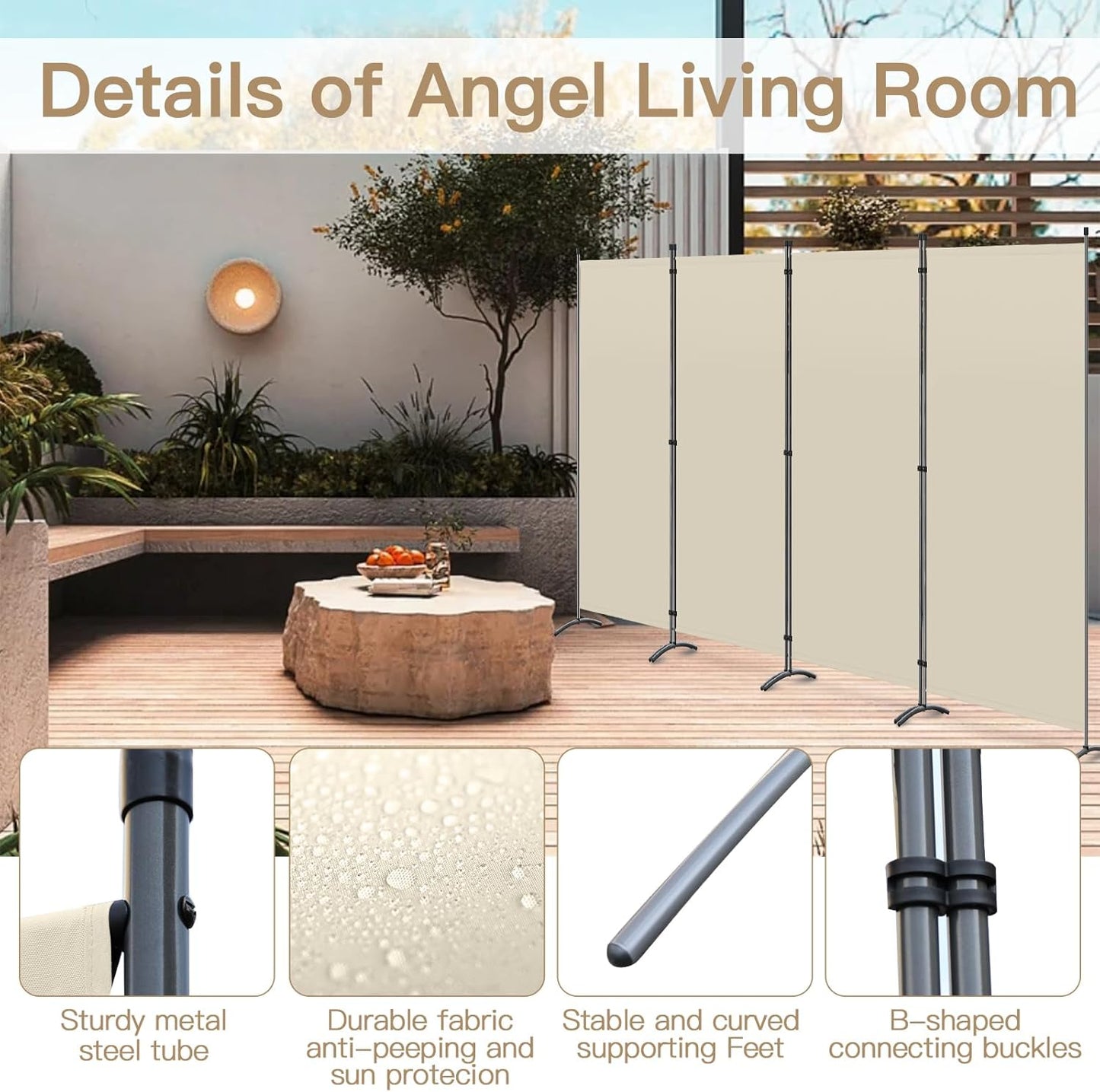 Angel Living Kamerscherm - 4 Panelen - 324 x 169 cm - Beige
