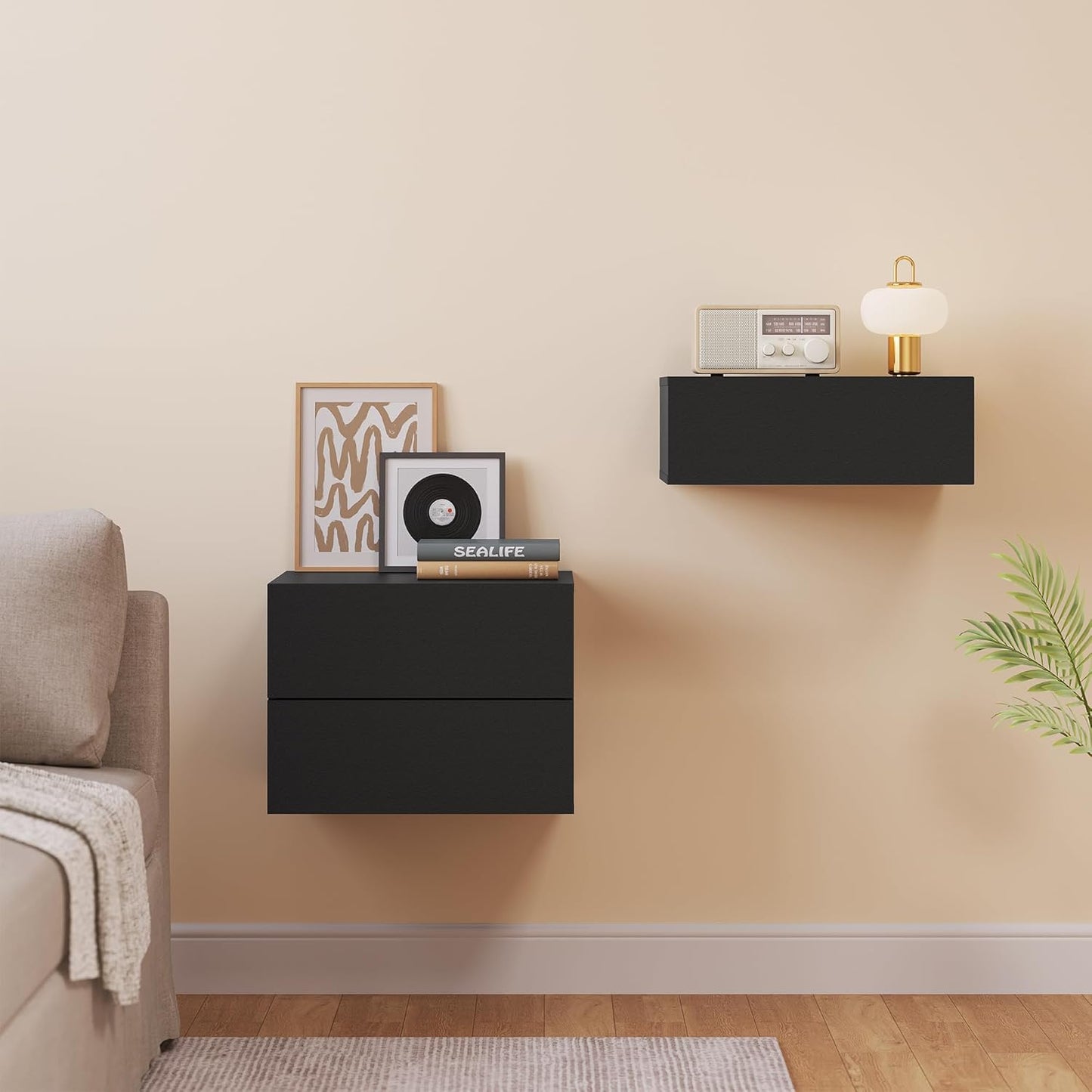 Woltu Zwevende Nachtkastjes Set van 2 – Zwart – 40 x 30 x 30 cm – Modern Wandnachtkastje met Lade
