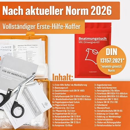 HELDENWERK Eerste hulp doos versie 2026 [DIN 13157:2021] incl. wandhouder & 5 x stickers | EHBO-koffer voor kantoor, huishouden en horeca - bedrijf verbanddoos gevuld, saniteitskast