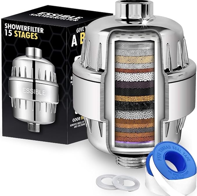 Essible 15-traps douchefilter - met vitamine C en E - roestvrijstalen waterfilter voor douchekop - tegen kalk, chloor en fluoride**