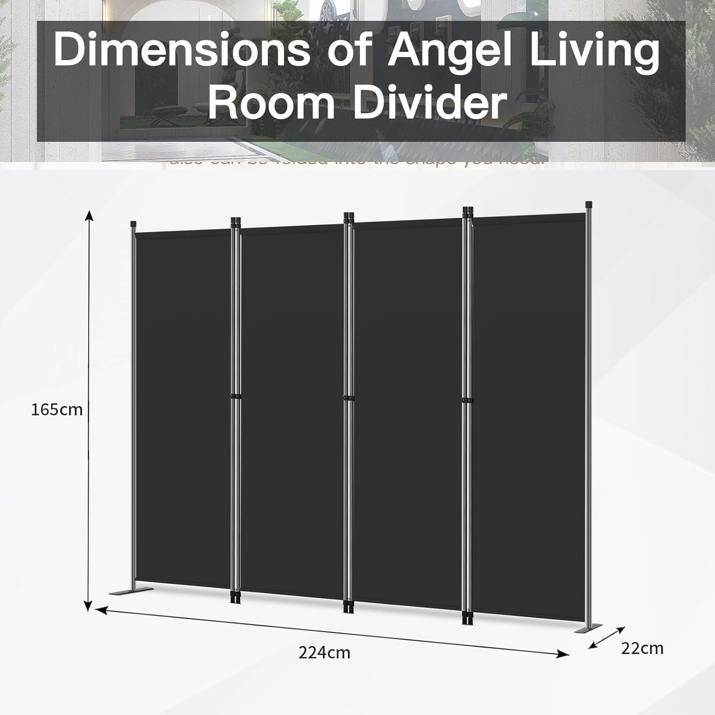 Angel Living Kamerscherm - 4-delig - 224x165 cm - Opvouwbaar - Staal & Polyester - Ruimteverdeler & Inkijkbescherming - Zwart