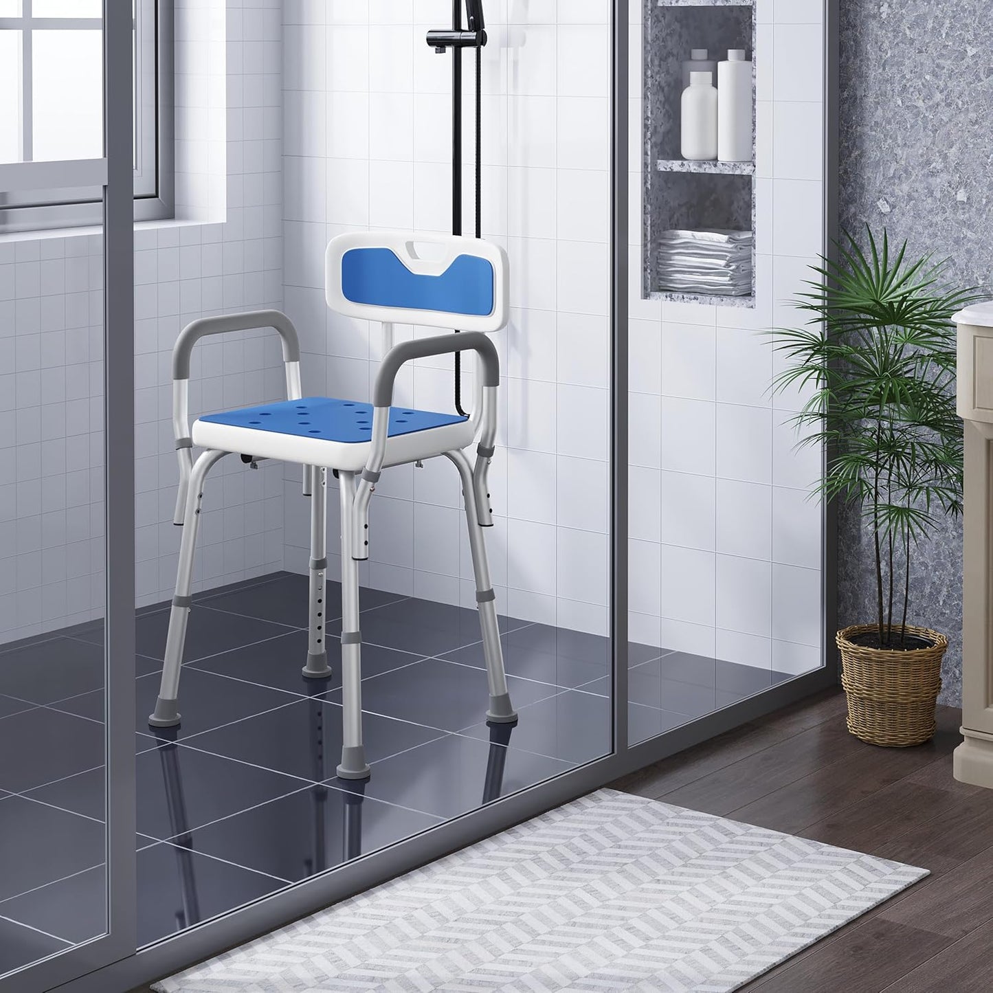 Eugad Douchestoel - Max. 130 kg - In hoogte verstelbaar - 47 x 39 x 84 cm - Blauw / Wit
