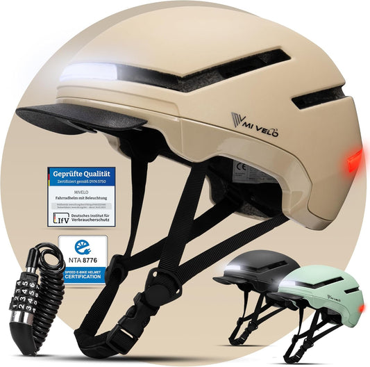 Mivelo Unisex Fietshelm NOVA - Met Lampje - NTA Gecertificeerd tot 45km/h - Beige - Maat L (57-61 cm)
