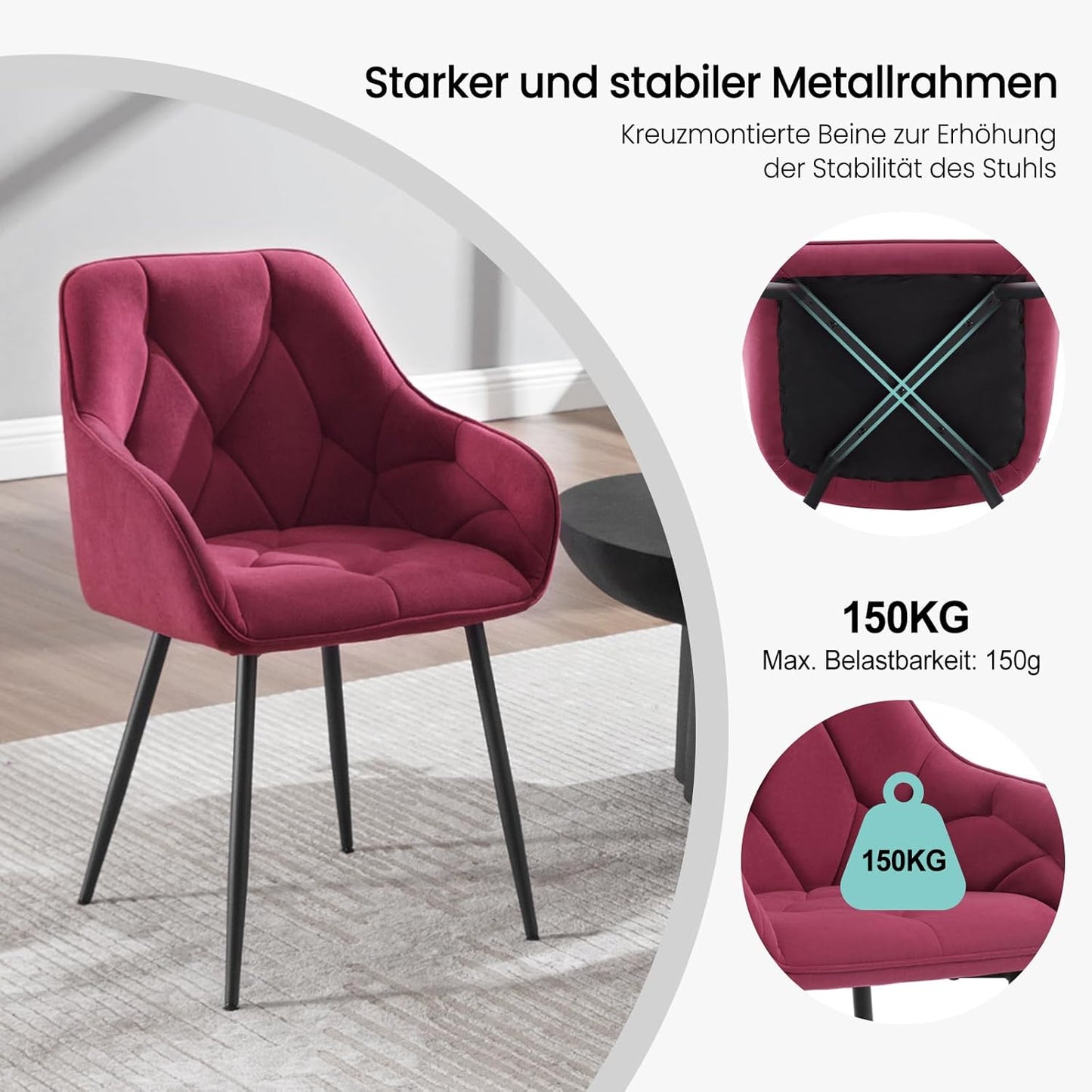 Woltu EZS02bd-1 Eetkamerstoel - Fluweel Bordeaux - 56 x 53 x 83,5 cm - Ergonomische Armstoel met Metalen Poten