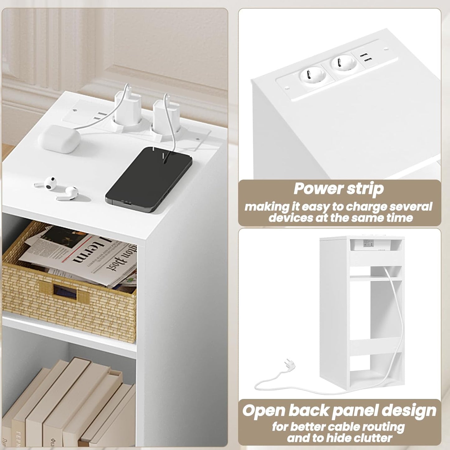 Woltu 2x Nachtkastje met USB en Stopcontact – Wit – 25 x 30 x 60 cm – Compact en Modern Design