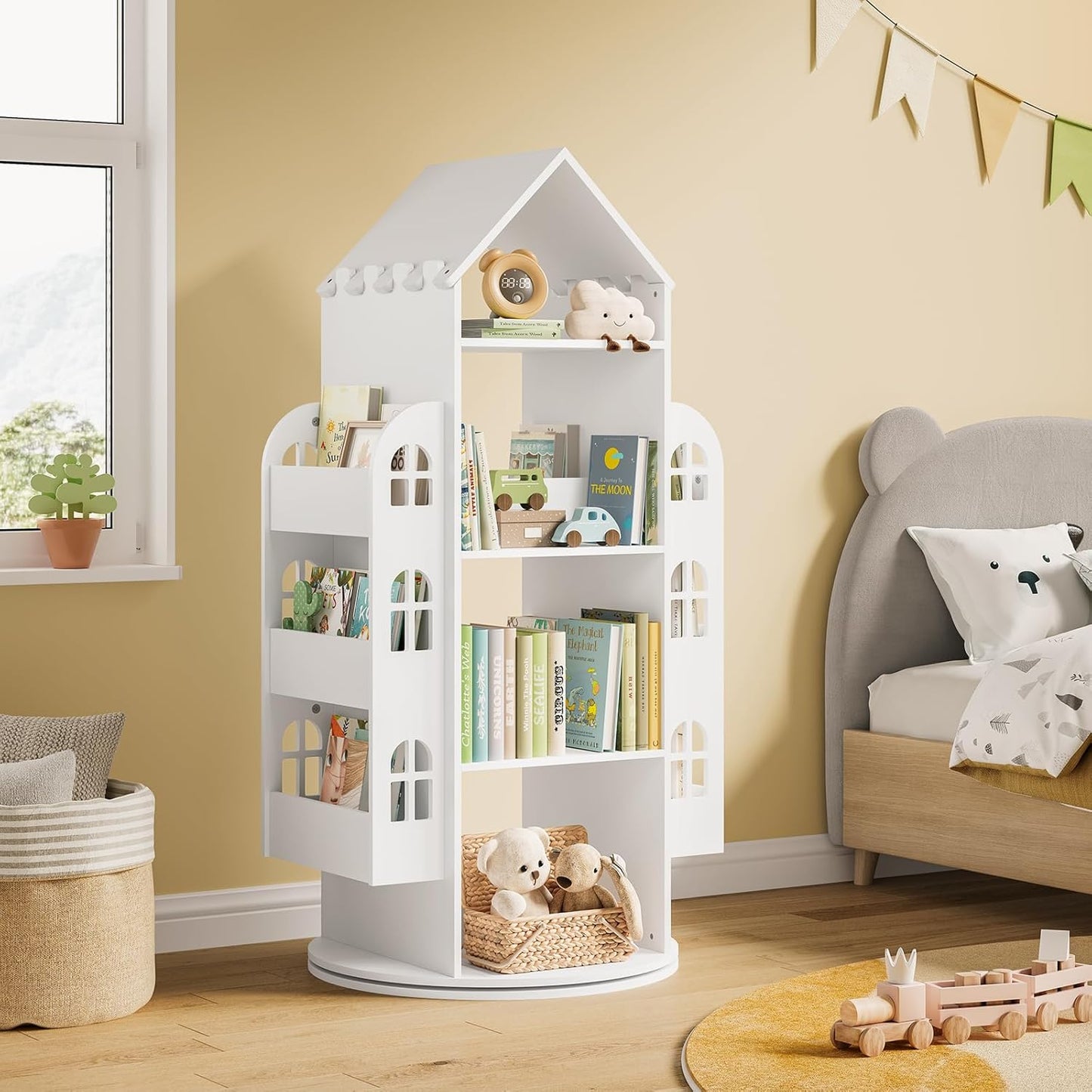 Woltu Draaibare Kinderboekenkast Wit 63x59x125 cm – Montessori Opbergkast met 4 Niveaus en Zijvakken