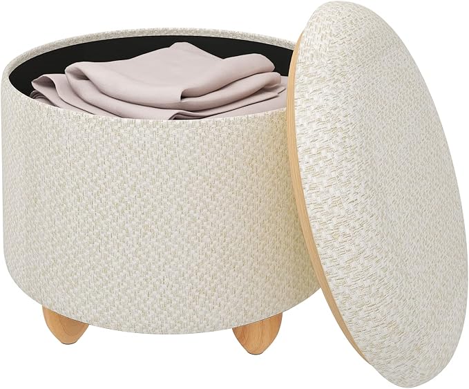 WOLTU opberg poef - ronde voetenbank met deksel - linnen crème wit - 39 x 33 cm - houten poten