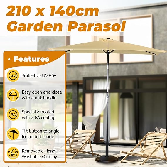 Angel Living Tuinparasol Rechthoekig – Voorzien Van Opdraaimechanisme Met Slinger En Ventilatieopening En Verstelbare Kap – Voor Tuin En Balkon – Beige Polyester En Aluminium – 210x140 cm