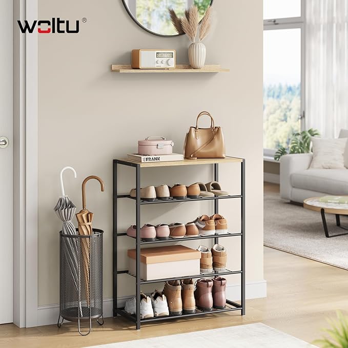 WOLTU Organizer schoenenrek - 4 niveaus - licht eiken en zwart - 63 x 83 x 30 cm