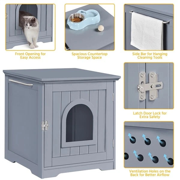 Yaheetech Kattenbak Kast 48,5 x 51 x 51,5 cm - Grijs - Kattenhuis met Verborgen Kattenbak en Bijzettafel