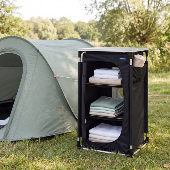 Tristar Campingkast Inklapbaar – Aluminium Frame – 3 Lagen – Verstelbare Poten – Zijvakken – Inclusief Draagtas – Zwart - CU-0809