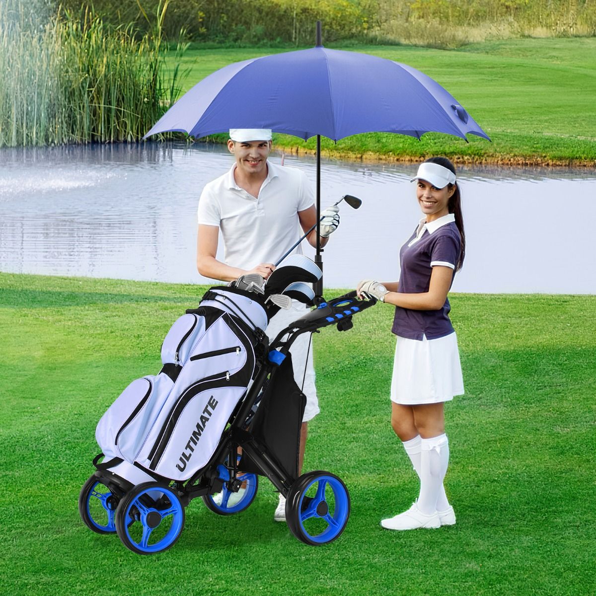 Coast Golftrolley - 4 wielen - opvouwbaar - aluminium - blauw