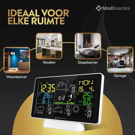 MostEssential Weerstation Wifi Edition - Plug & Play Installatie - Draadloos - Weerstation met Buitensensor - Hygrometer - Binnen en Buiten - 150 Meter Bereik - Inclusief App - Wit - 1 sensor
