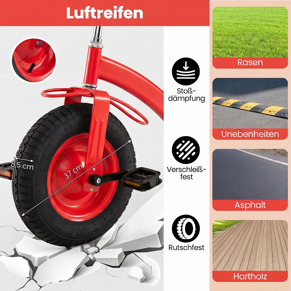 Coast Kinderdriewieler met verstelbaar stuur en zadel - met aanhanger - rood