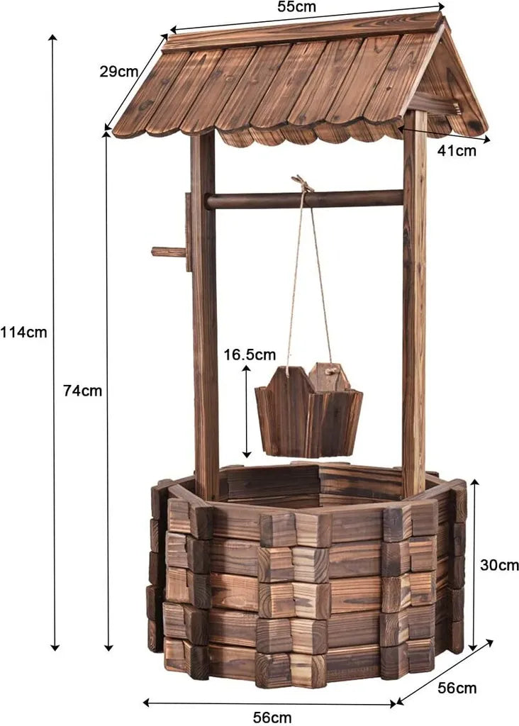 Coast Tuinfontein met Houten Put, Emmer en Bloempot met Dak – Rustiek Design – 43 x 39 x 72 cm – Bruin