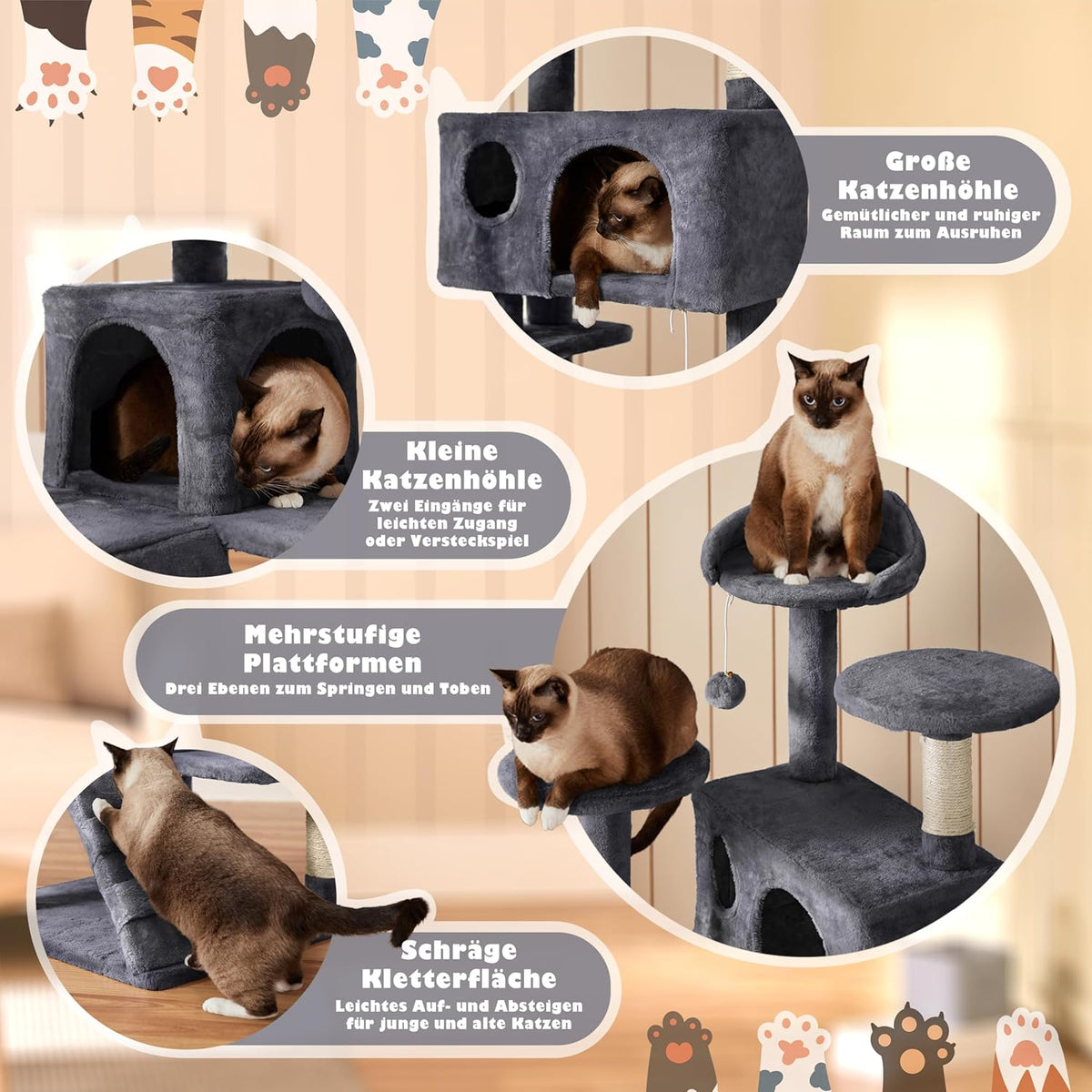 Yaheetech Krabpaal - 3 Uitkijkplatforms - 2 Kattenholletjes - 49 x 49 x 139 cm - Donkergrijs