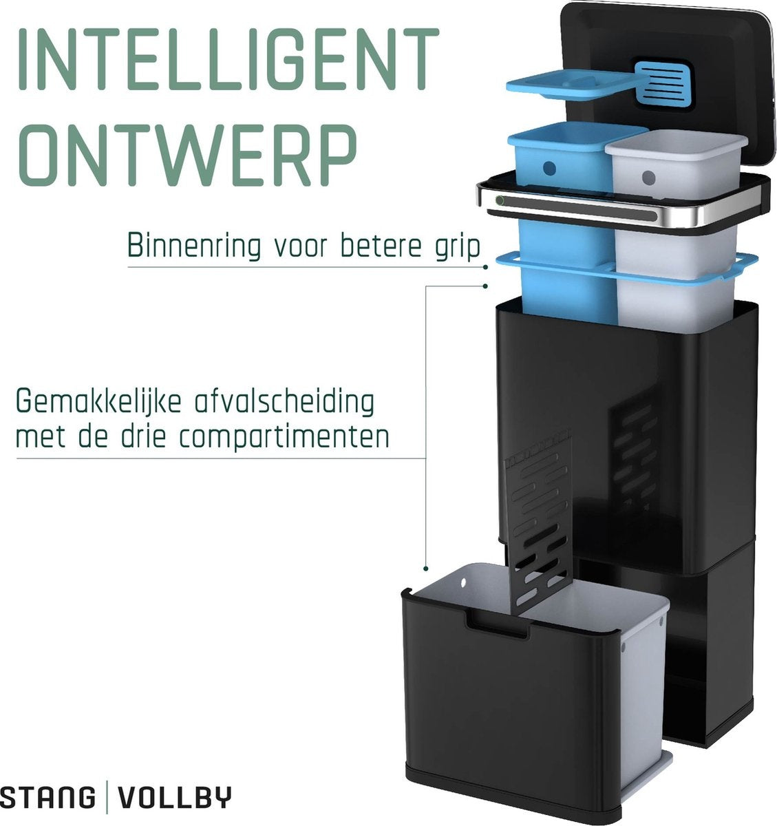 StangVollby Halden Prullenbak met Sensor - 60 Liter - 4 Compartimenten - Soft Close - Zwart