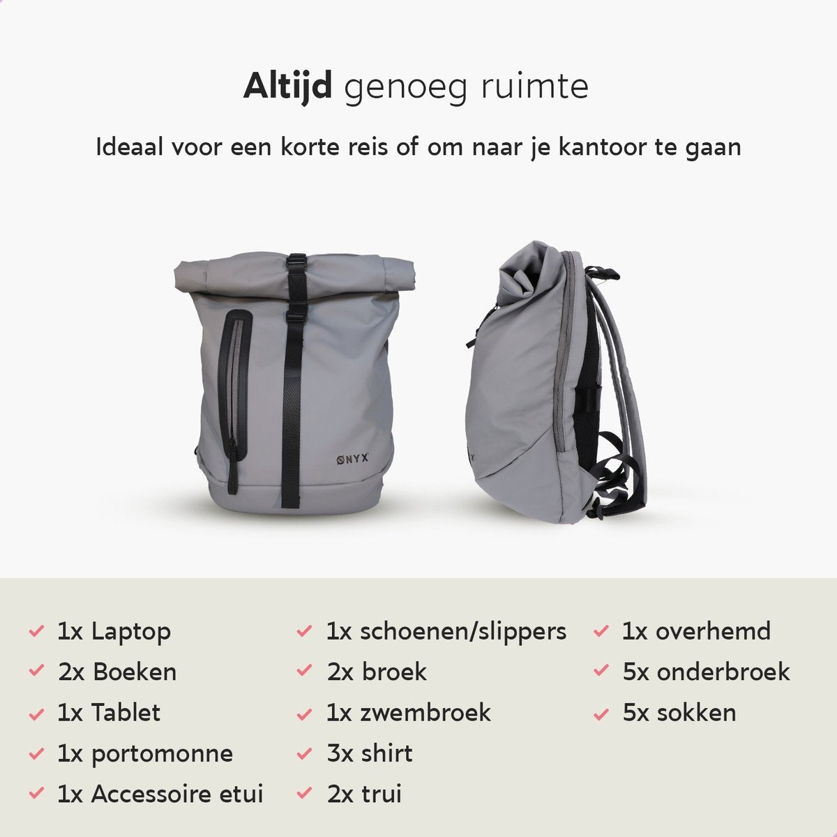 ONYX Rolltop Rugzak 25 tot 40L - Met Laptopvak - Verstelbare Rugtas - Reistas - Waterbestendig en Duurzaam - Grijs