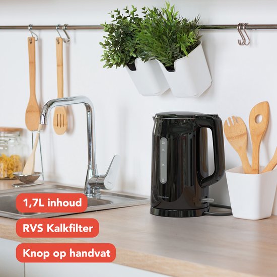 KitchenBrothers Waterkoker - Elektrisch - 1,7 Liter - Met Kalkfilter - Dubbelwandig - Cool-touch - Zwart