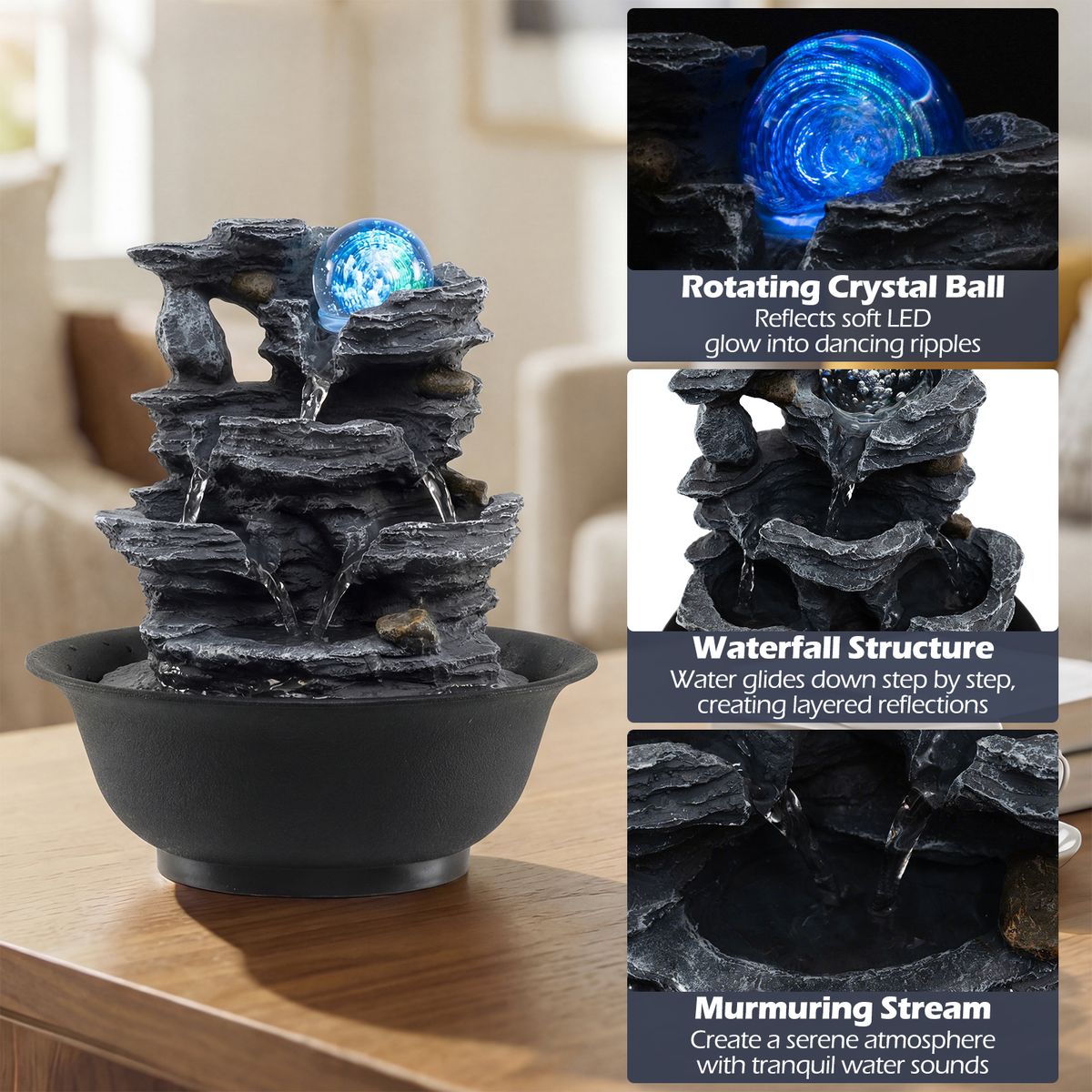 Coast Tafelwaterfontein - Waterval met rotslook - LED-verlichting - Zwart - 21,5 x 26 cm