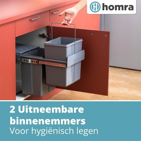 Homra Inbouwprullenbak – Uittrekbaar & Soft-Close – 2x20L – 34 x 48 x 41,5 cm – Grijs