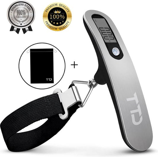 TTD® Kofferweegschaal met Travel Bag- Weegcapaciteit 50 kg - Bagageweegschaal - Bagageweger - Hangweegschaal - Digital Luggage Scale - Kofferweger - Reizen met Vliegtuig - kg/g/lbs/oz - Inclusief Batterijen - Zwart