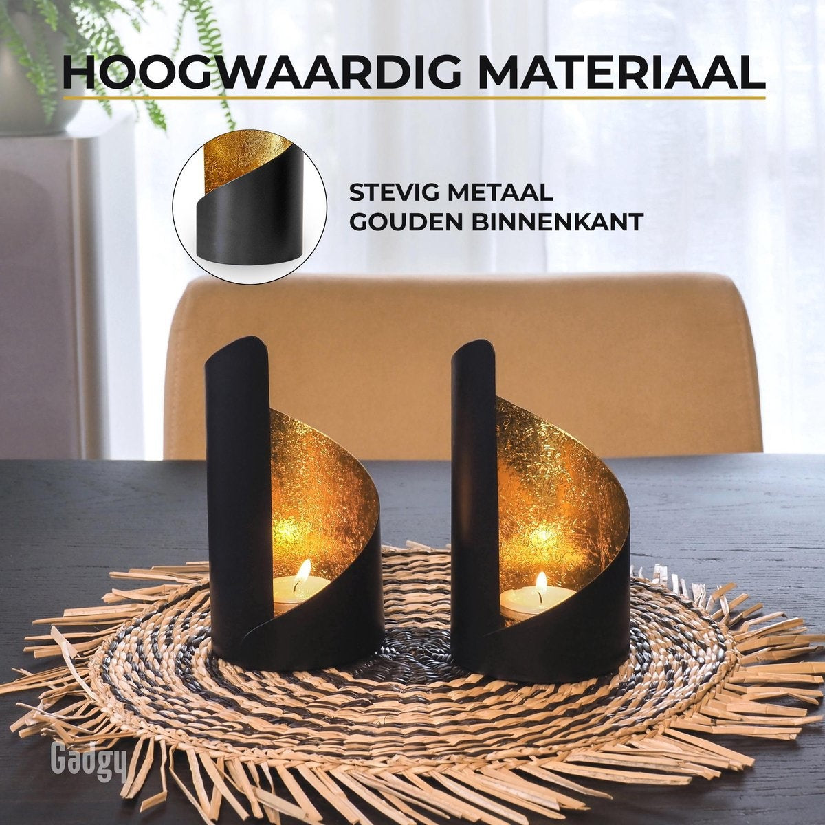 Gadgy Waxinelichthouder Twist - Set van 2 - 16 x Ø8.5 cm - Theelichthouders - Windlicht - Zwart / Goud - Metaal