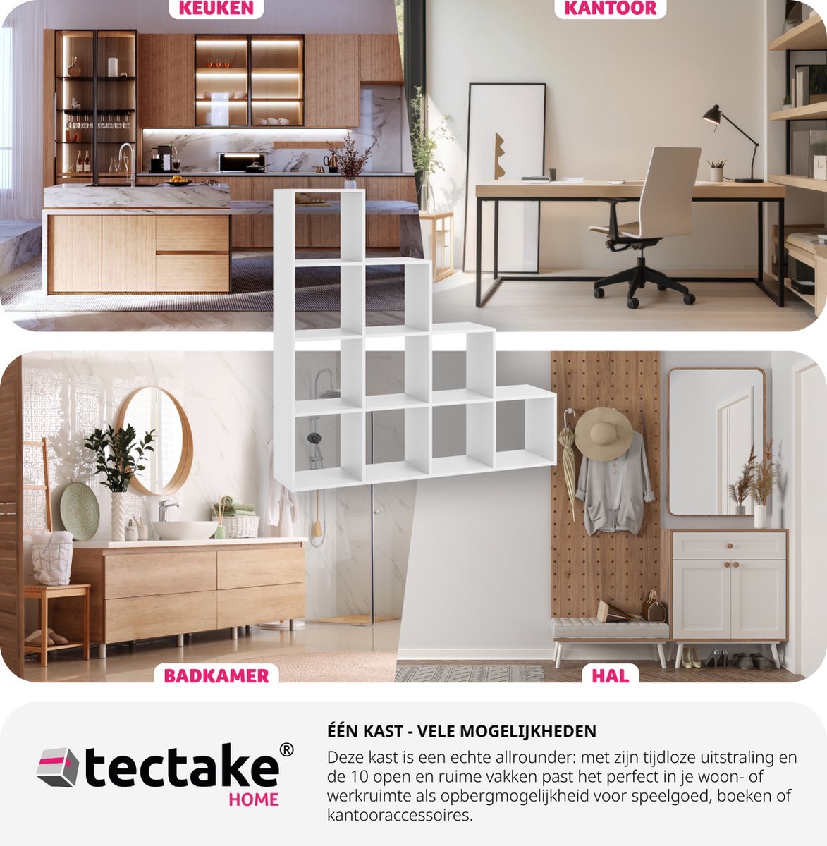 tectake boekenkast Talisa - Open kast met 10 vakken - Trapvormig design - 130 x 29 x 130 cm - Wit