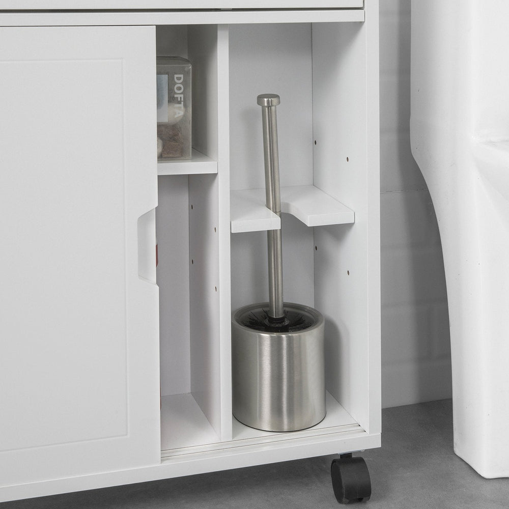 SoBuy BZR31-W Badkamerkast Met 2 Schuifdeuren en Lade - Met Wielen - 67 x 52 x 17 cm - Wit