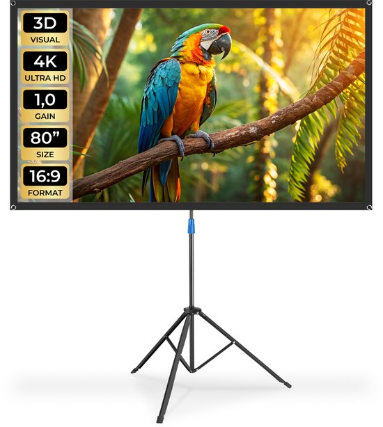 tectake® Beamer Scherm - 80 Inch - 16:9 Projectiescherm met Statief - 4K HD - Oprolbaar - Uittrekbaar - Projectiedoek - Presentatiescherm - Inclusief Draagtas