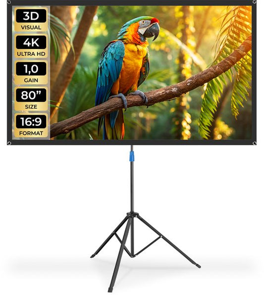 tectake® Beamer Scherm - 80 Inch - 16:9 Projectiescherm met Statief - 4K HD - Oprolbaar - Uittrekbaar - Projectiedoek - Presentatiescherm - Inclusief Draagtas