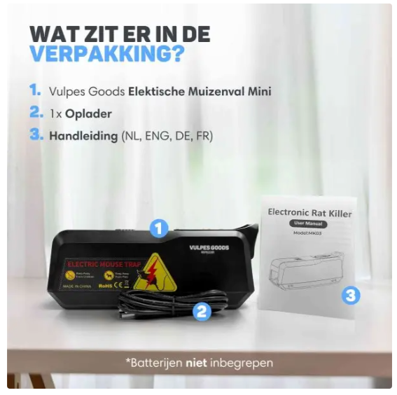Vulpes Goods® – Elektrische Muizenval Mini – 18,8 x 8 x 6 cm – Voorzien Van 1800V Schokspanning En Dual Power En LED-Indicator En Buzzer – Voor Binnenshuis En Keuken – Zwart ABS Kunststof