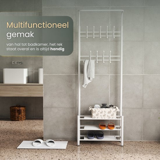 O'DADDY® Staande Kapstok – Met Schoenenrek – Garderoberek Metaal – 66×30×190 cm – Wit