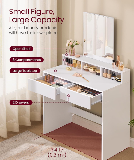 VASAGLE Kaptafel met Spiegel – 2 Lades & 3 Vakken – Wit – 40 x 80 x 140 cm