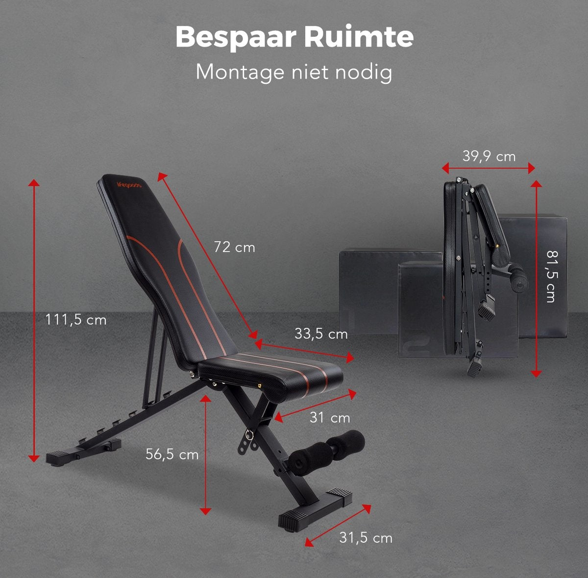 LifeGoods Fitness Halterbank - Fitnessbank - Bench Press - Trainingsbank - Verstelbaar - Inklapbaar - Zwart/Rood
