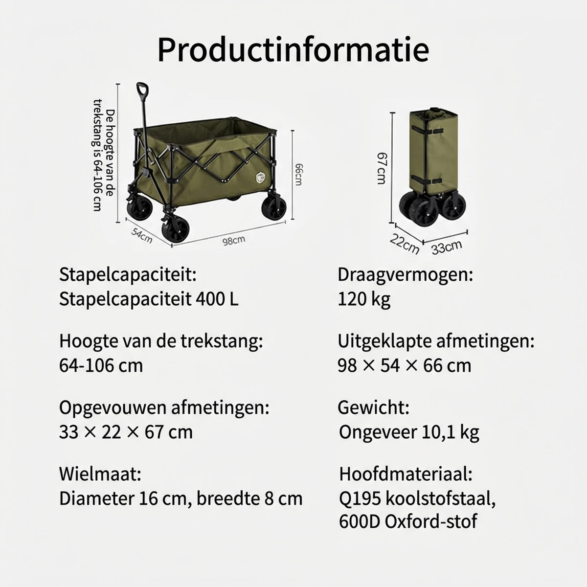 Ochama Opvouwbare Bolderkar - 200 Liter - Terreinwielen met Dubbele Rem - Extra Groot - Groen