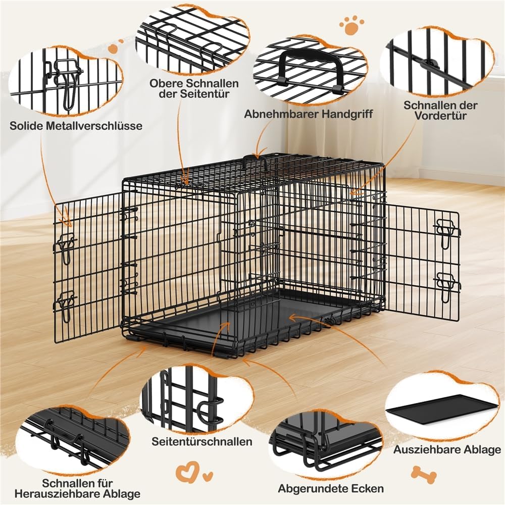 Yaheetech Opvouwbare Hondenbench XL - 107 x 66 x 74,5 cm - 2 Deuren met Tussenschot en Uitneembare Bodem - Zwart