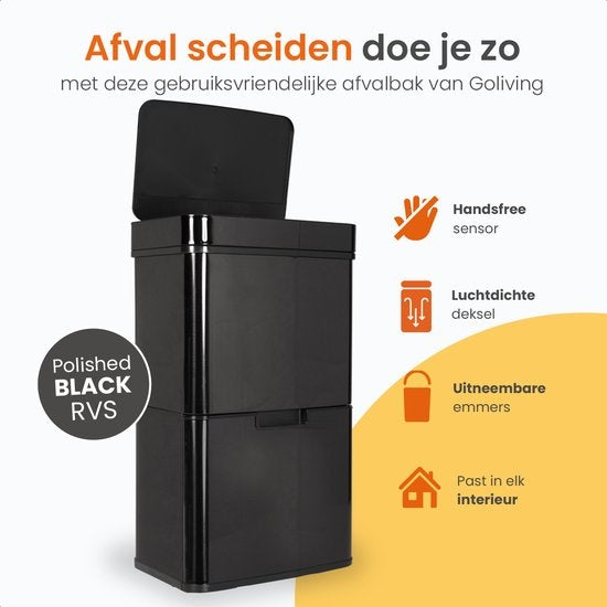 Goliving Automatische Prullenbak – Sensor & Soft-close – 72 liter – 42 x 31 x 75 cm – Zwart
