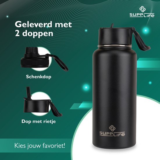 Supplife Luxe RVS Thermosfles / Drinkfles - 1 Liter - BPA & Lek Vrij - Waterfles met Rietje - Dubbelwandige Isolatie - Thermosbeker - Schenkdop en Dop met Rietje - Inclusief Schoonmaakborsteltje - Zwart