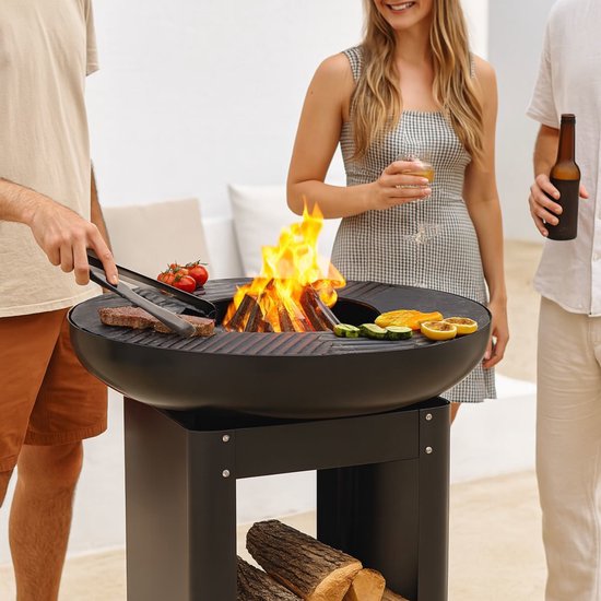 alpina 3-in-1 Vuurkorf en Grillplaat - Tuinhaard 61 x 90 cm - met Teppanyaki Bakplaat - Plancha BBQ met Brandhout Opslagplaats - Vuurkorf voor Buiten - Metaal