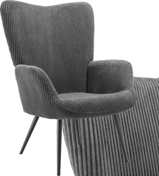 tectake® Oorfauteuil in Scandinavische stijl - Corduroy Hygge - Stoel voor woonkamer, slaapkamer - Loungefauteuil - Zwart metalen poten - Draagvermogen tot 150 kg - Grijs