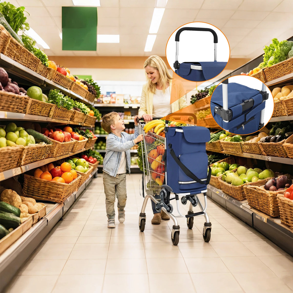 Opvouwbare Boodschappentrolley Traploper 60 L - 3-in-1 met Koelvak en 6 Wielen - Aluminium Frame - Blauw - 36 x 42 x 98 cm