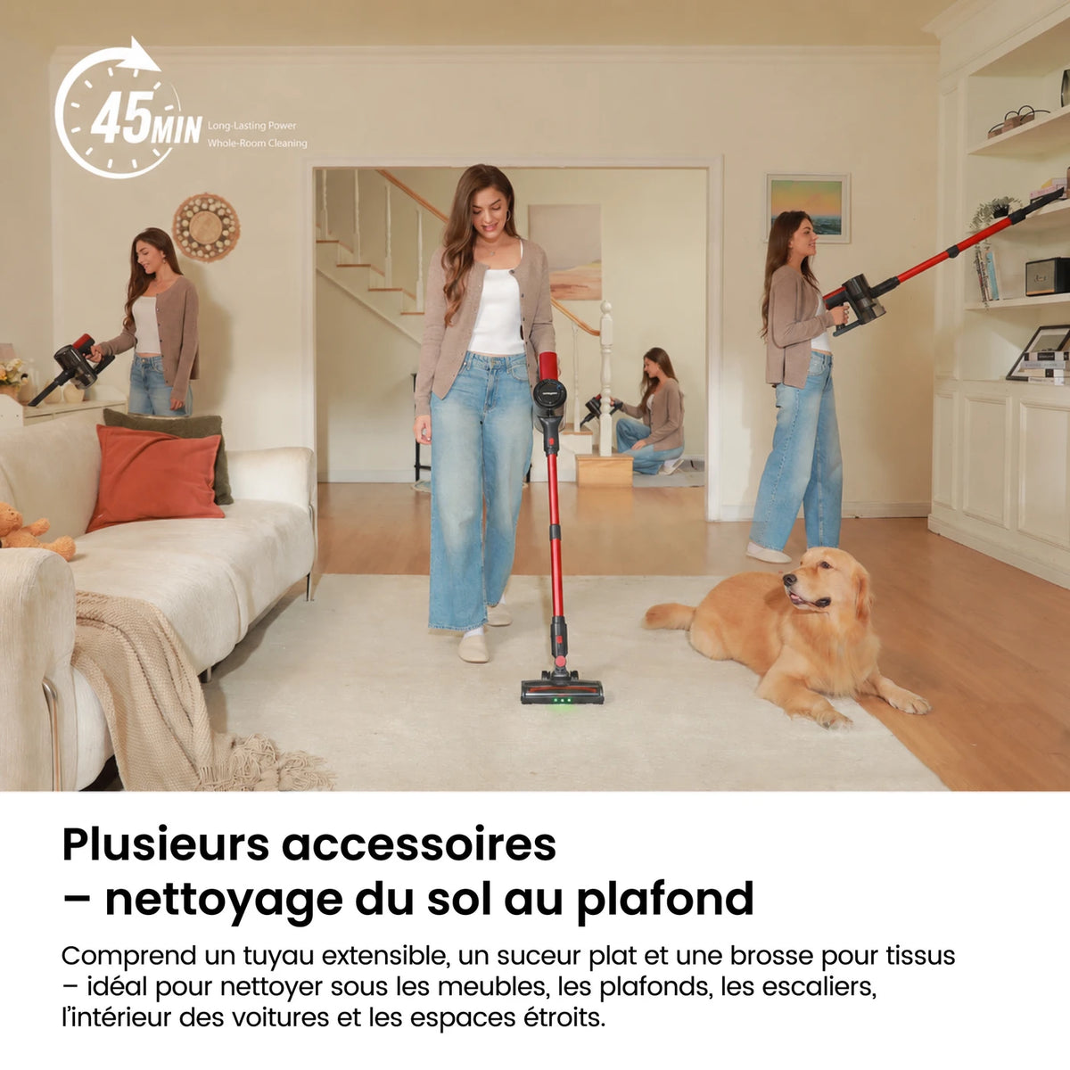 MonsgaClean M100 Draadloze Stofzuiger - Rood - 55.000 Pa - 45 min - 1,8 L - Touchscreen - Anti-klit - Groene LED