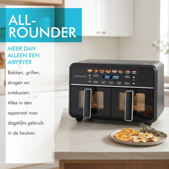 Dubbele Airfryer XXL 11L - PFAS-vrije Heteluchtfriteuse - Infrarood - Dual Zone - 2 x 5.5L - 40–200°C - 8 Kookprogramma's - 2850W - WM-2511 AF - Zwart