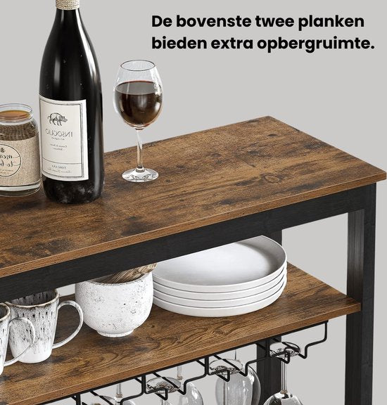 Niceey – Wijnkast Met Glazenhouder –  Voor 24 Flessen – 66 x 30 x 100 cm – Voorzien Van Bovenste Opbergplank En Ruimte Voor 15 Glazen – Voor Woonkamer En Keuken – Zwart En Bruin Metaal En Hout