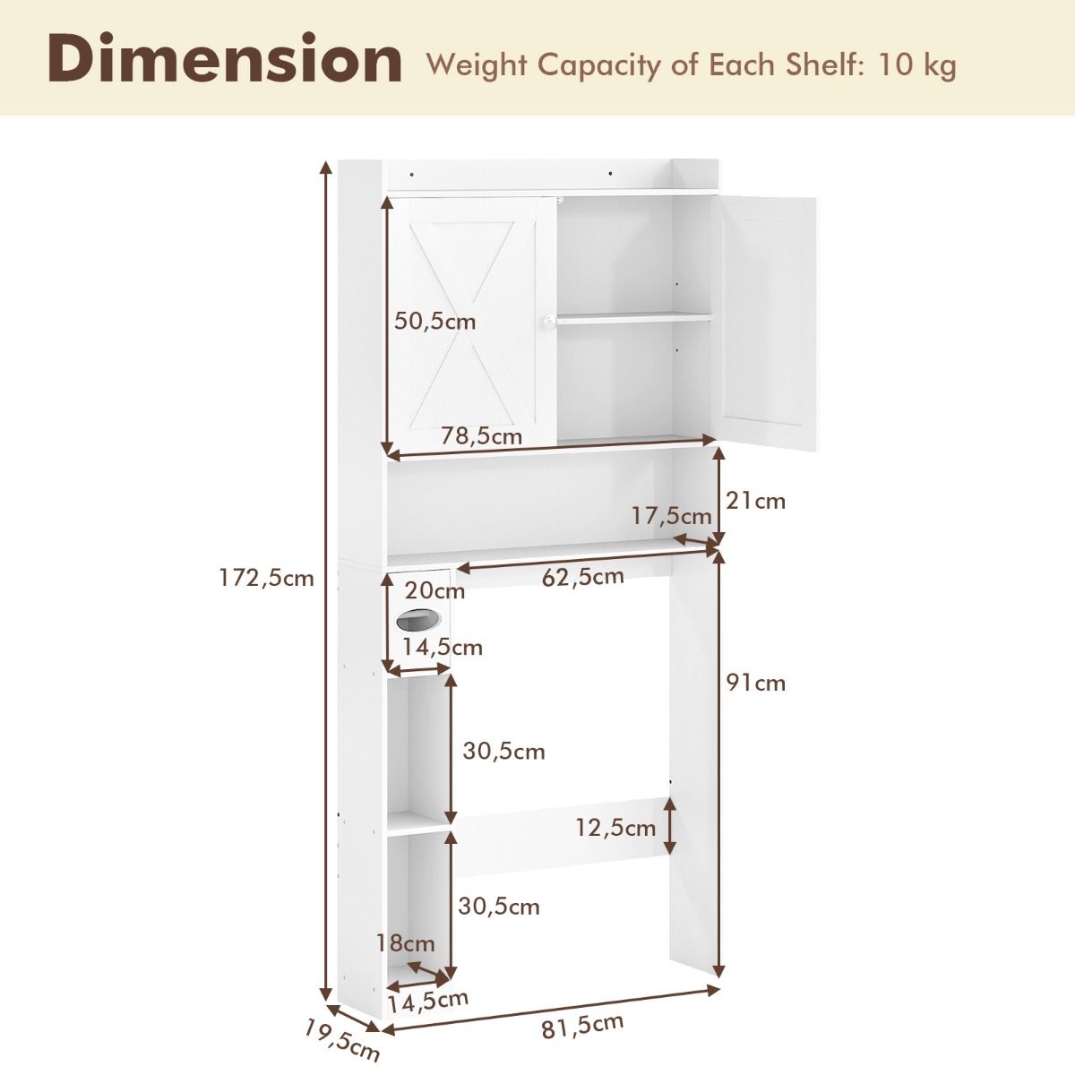 Coast Toiletkast Met Dubbele Deuren - Verstelbare Legplanken - Toiletrolhouder - Gewassen Grijs/Wit - 81,5 x 19,5 x 172 cm
