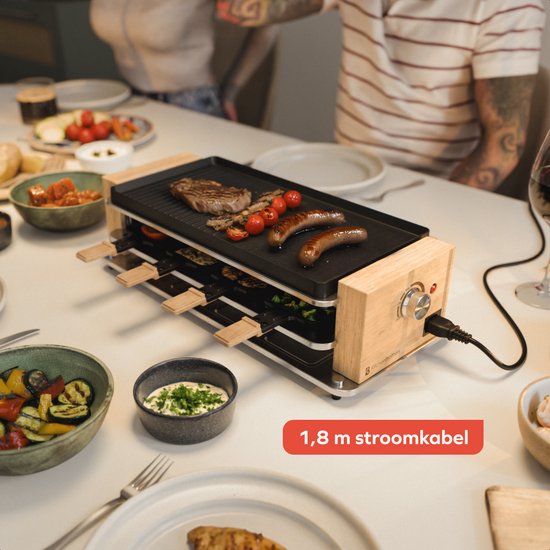 KitchenBrothers Gourmetstel - 950W - Gourmetplaat 8 Personen - Set met Pannetjes en Spatels - 46,5 x 23 cm - Hout/Zwart