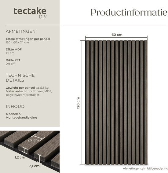tectake® Akoestische Panelen - Set van 4 - Akoestisch Wandpaneel - 50 x 110 cm - 2,2 m² - Wandpanelen met Aanpasbare Grootte - Lattenwand van MDF en Houtfineer - Geluidsisolatie - Stijlvolle Wanddecoratie - Eenvoudige Montage - Eiken Grijs