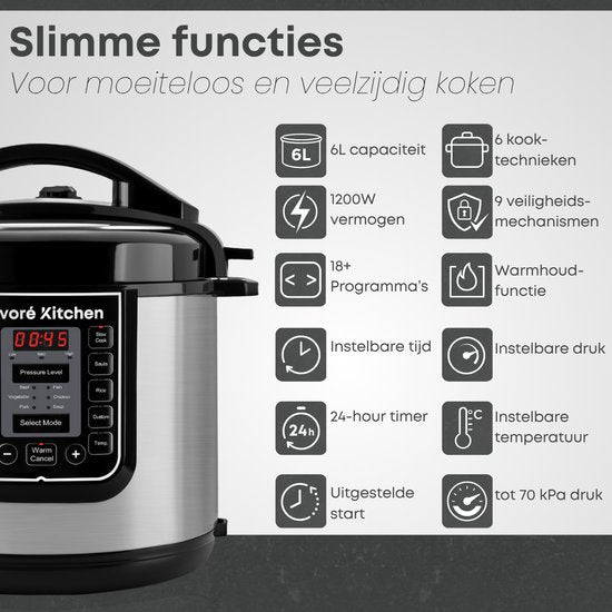Savoré Kitchen Pressure Cooker – 6L – PFAS Vrij – Snelkookpan, Rijstkoker, Slowcooker, Stomer & Sous-vide in één – Multicooker
