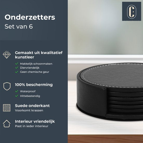 Castagnola Kunstlederen Onderzetters – Onderzetters voor Glazen – Design Onderzetters met Houder – Leren Onderzettersset – Leder – Set van 6 – Zwart met Stiksel